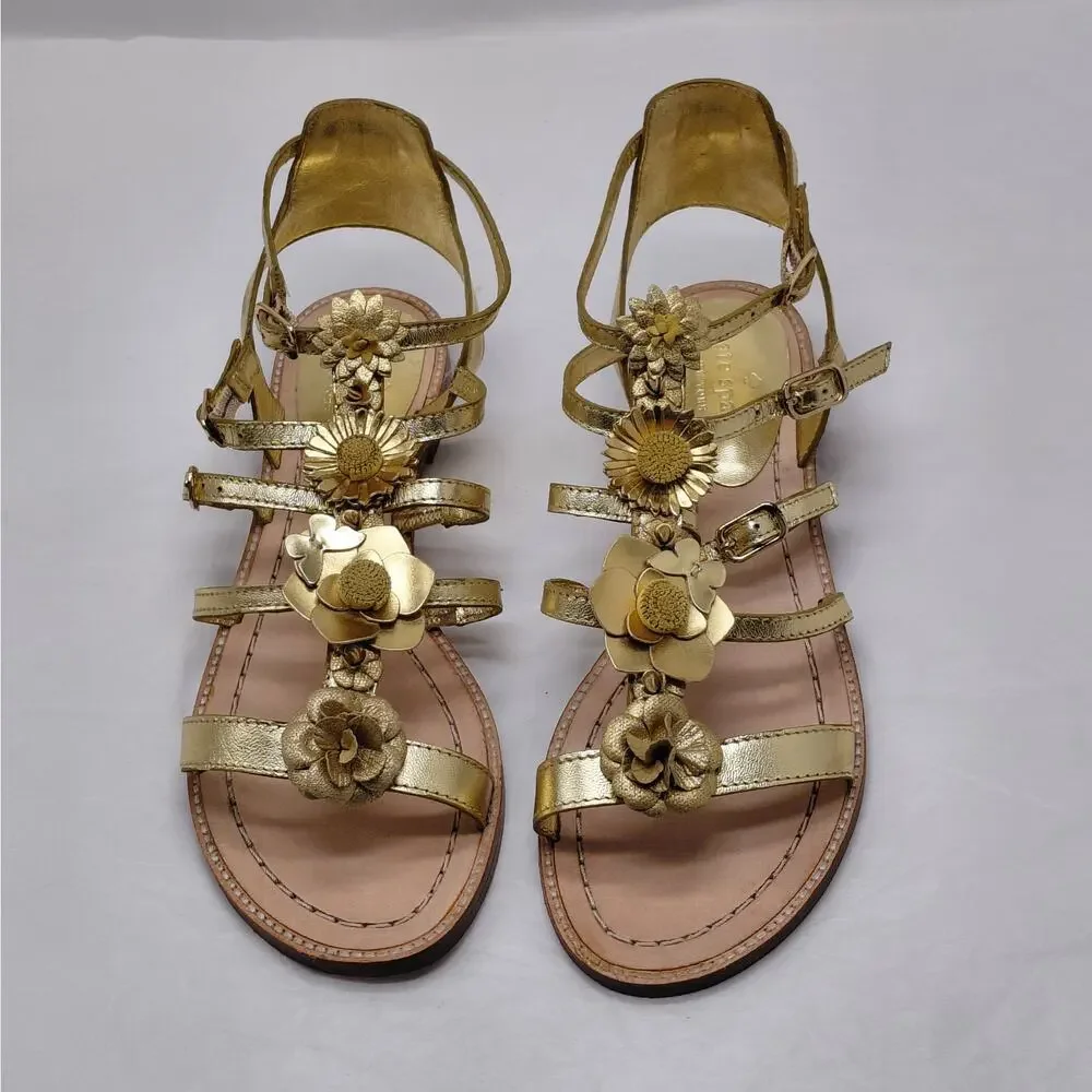 Kate Spade Womens Gladiator Sandals Size 8.5 Gold Floral Boho Vacation Summer - Picture 3 of 15
